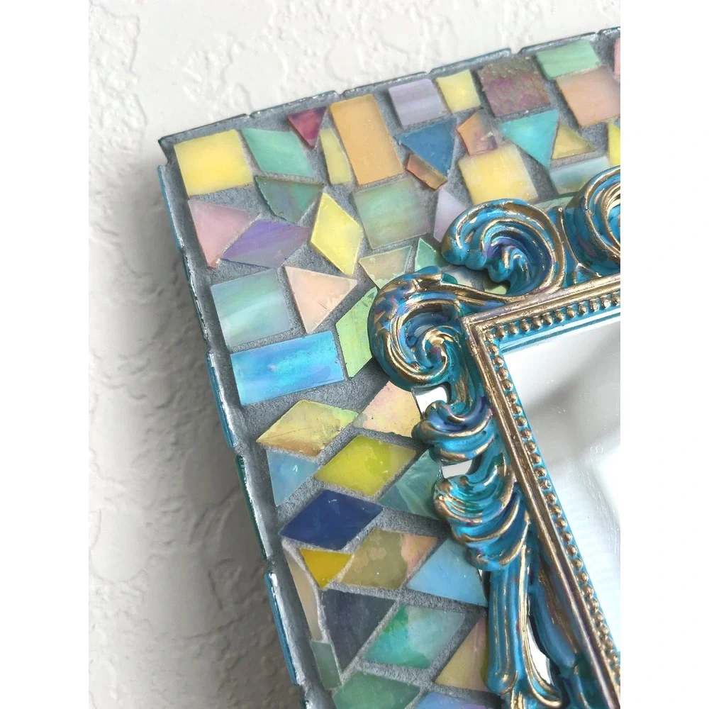 Stained Glass Mosaic Mirror Frame Colorful Handmade Glass Tile Boho Decor 8x6